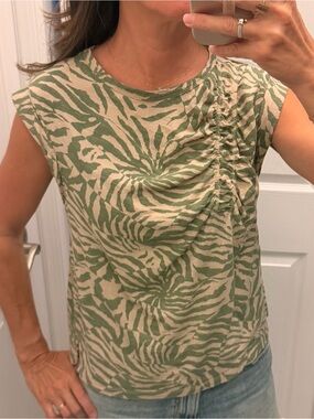 Pilcro Green and Cream Zebra-Print Ruched Shoulder Shirt